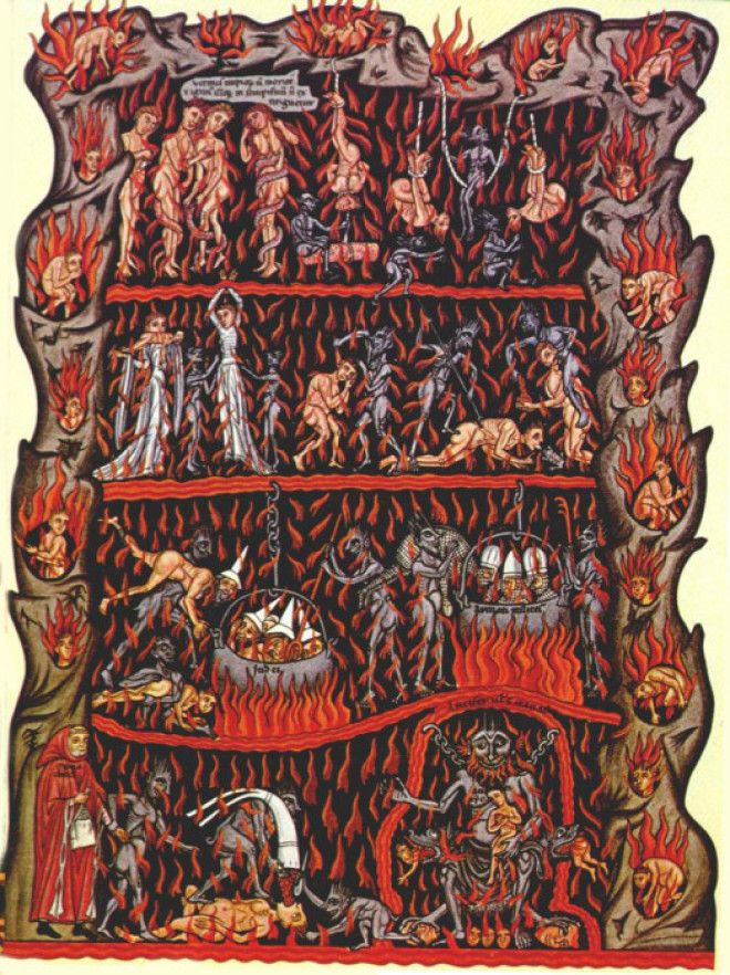 Картина ада в книге «Сад утех» 1180 года. | Фото: en.wikipedia.org. Картина ада в книге Сад утех 1180 года Фото enwikipediaorg