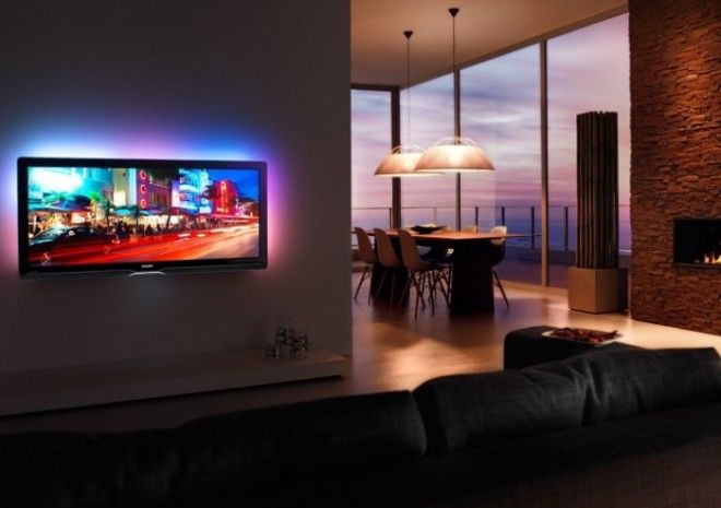 Минимальное оформление зоны для просмотра телевизора обеспечивает максимальную комфортность и эргономичность