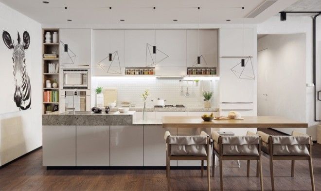 Белая кухня выглядит очень оригинально благодаря геометрическим светильникам а также изображению зебры на стене